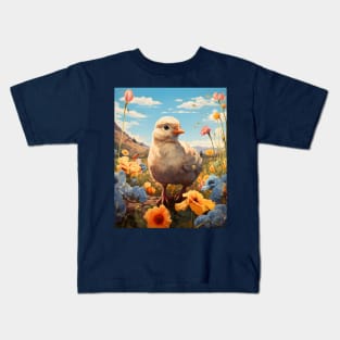 Retro Vintage Art Style Baby Chick in Field of Wild Flowers - Whimsical Farm Kids T-Shirt